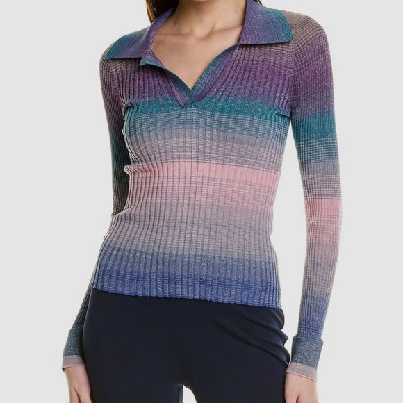 NWOT Diane von Furstenberg Space Dye Ribbed Metallic Polo Collared Top Size XS - Picture 1 of 4